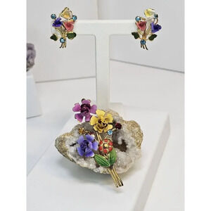 Vintage Enameled Colorful Floral Gold Tone Austrian Brooch & Screw Back Earrings